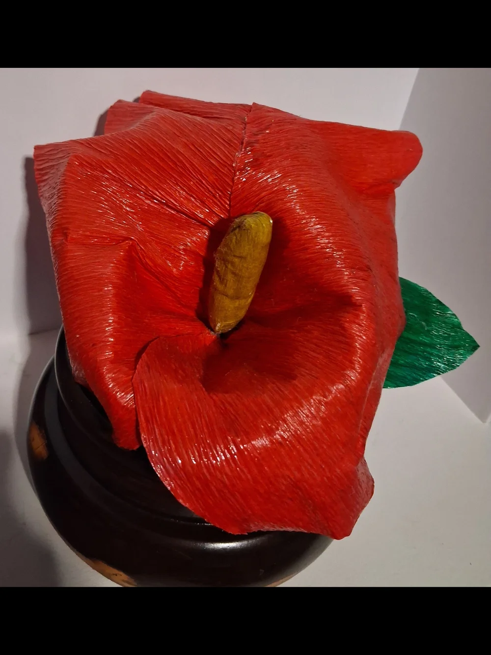 Red Italian Crepe Paper Calla Lily Decorative Flower on Dark Wood Base